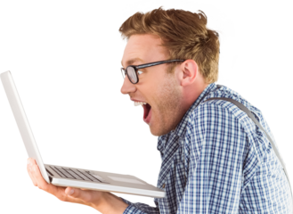 Geeky businessman using his laptop