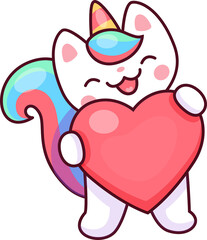 Caticorn character with big heart in paws, love