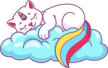 Cute funny cartoon caticorn sleeping on cloud