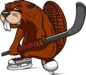 Cartoon angry beaver ice hockey player mascot - obrazy, fototapety, plakaty