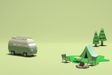 new season coming up. A trip to get away from the stuffy interior and go to a place with green nature in a camper. Camping with a bonfire in the wild.3D rendering