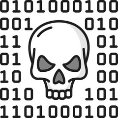 Skull and binary system, cyber attack line icon