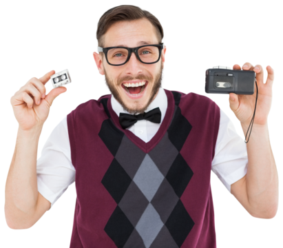 Geeky hipster holding a retro tape cassette player