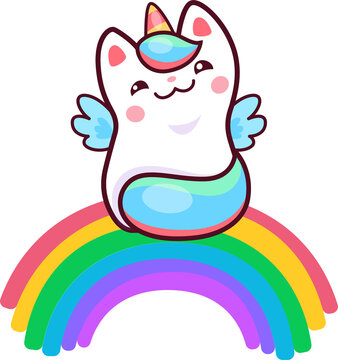 Cartoon cute kawaii caticorn character on rainbow