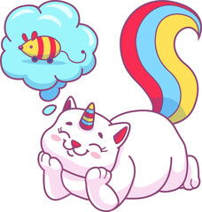 Cartoon caticorn character dreaming about mouse