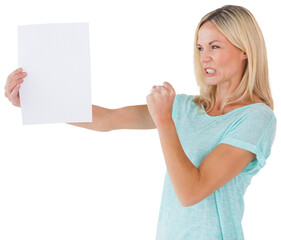 Angry woman holding piece of paper