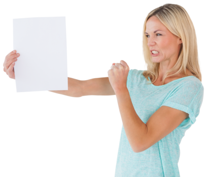 Angry woman holding piece of paper