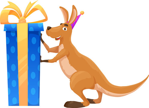 Cartoon kangaroo character with huge present box