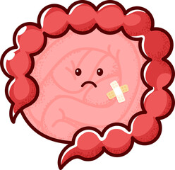 Cartoon sick intestines character with colon, guts