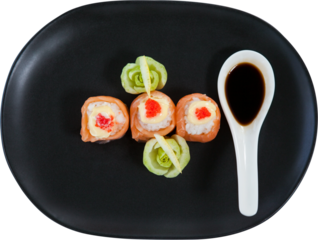 High angle view of fresh japanese food with sauce