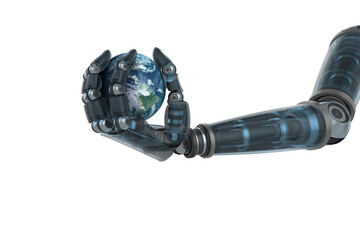 Illustration of black robot hand holding globe