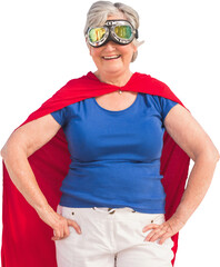 Cheerful senior woman disguise as superhero