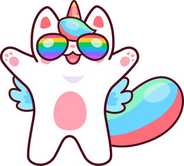 Cartoon cute kawaii caticorn in rainbow glasses
