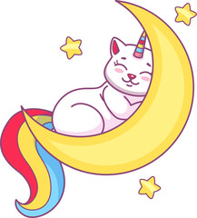 Cute cartoon caticorn character sleeping on moon