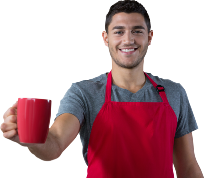 Male waiter holding coffee mug - Powered by Adobe
