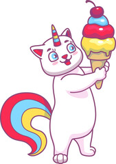 Cute caticorn character with ice cream dessert