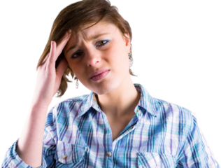 Pretty brunette looking at camera and getting a headache