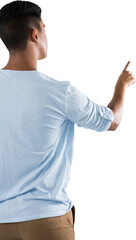 Man pretending to touch an invisible screen against white background
