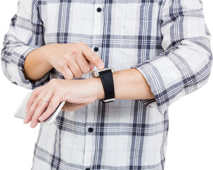 Mid section of man using smart watch