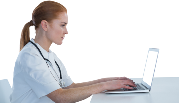 Side view of female doctor using laptop - Powered by Adobe