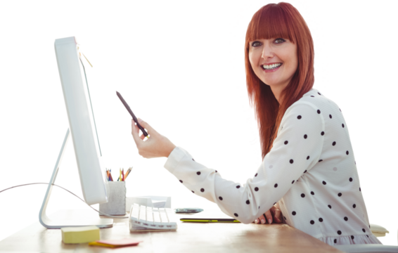 Smiling hipster woman pointing screen with pen 