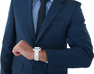 Mid section of businessman wearing smart watch
