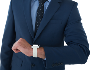 Mid section of businessman wearing smart watch