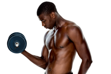 Serious fit shirtless young man lifting dumbbell