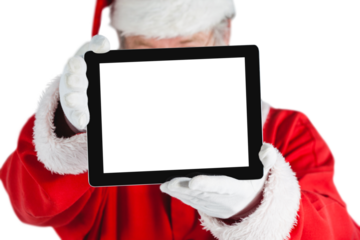 Close-up of Santa Claus covering face with digital tablet