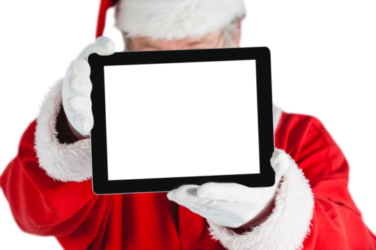 Close-up of Santa Claus covering face with digital tablet