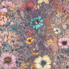 Möbelaufkleber yellow and white flower field, dichroic , vibrant vintage style, pastel, delicate, full details, pattern tile, seamless floral background © Sajjad-Farooq-Baloch