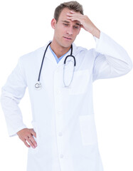 Upset male doctor touching forehead