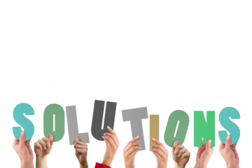 Colorful alphabet spelling solutions held up by people 