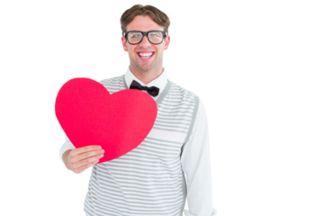 Geeky hipster holding heart card