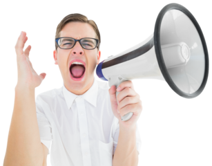 Geeky businessman shouting through megaphone