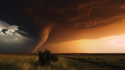 A dramatic storm at sunset producing a powerful tornado countryside with sheet lightning Generative AI