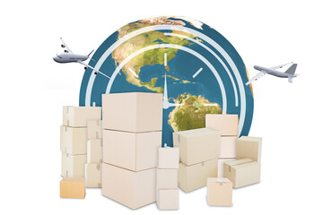 Digital image of boxes with globe and airplanes 