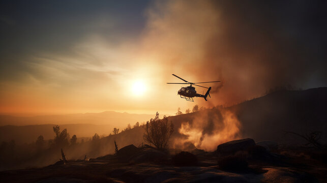 Helicopter drops water on wildfire in rugged terrain, backlit by a setting sun filtered through smoke. Generative AI