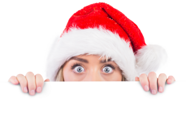 Festive blonde showing large poster