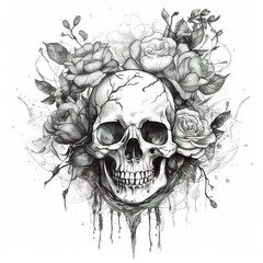 Skull with roses, black white lineart on white background, central composition AI generative illustration