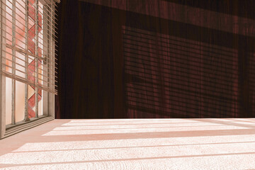 Background of empty interior of mahogany wall with shutter window and concrete floor with light dark reflections. Interiors. Funds for product presentation. 3d rendering