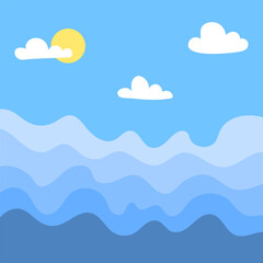 Cartoon clouds sun. Sunny day sky scene cartoon. Vector illustration.