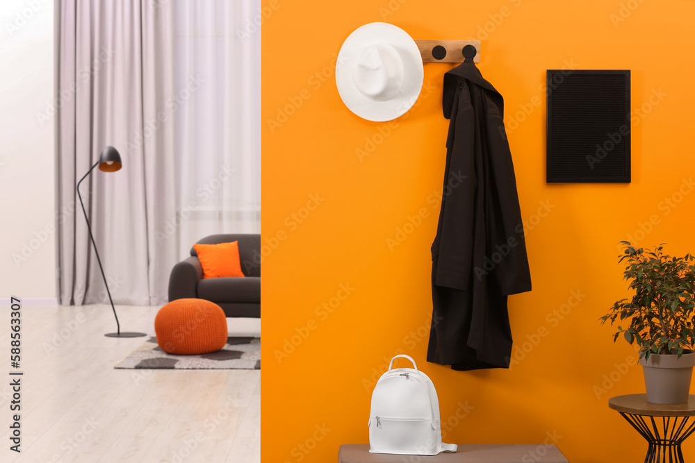 Poster Hat, coat, backpack and houseplant near orange wall in stylish room, space for text. Interior design