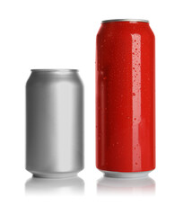 Aluminum cans with drinks on white background