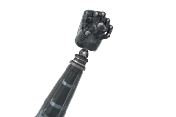 Sierkussen Robot hand with clenching fist against white screen © vectorfusionart