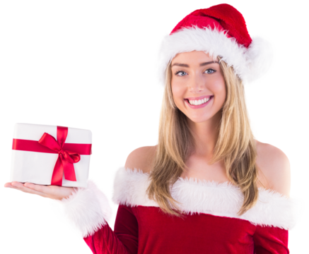 Pretty santa girl holding gift