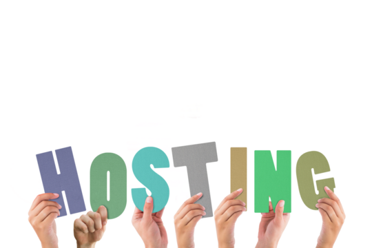 Cropped hands holding colorful word hosting 