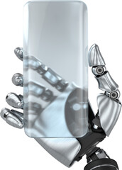 Robotic hand holding transparent smartphone