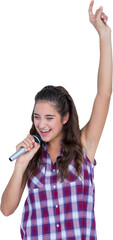 Beautiful woman singing in microphone