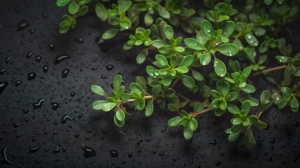 Naklejka premium Thyme on black slate, flat lay or top view, AI generative